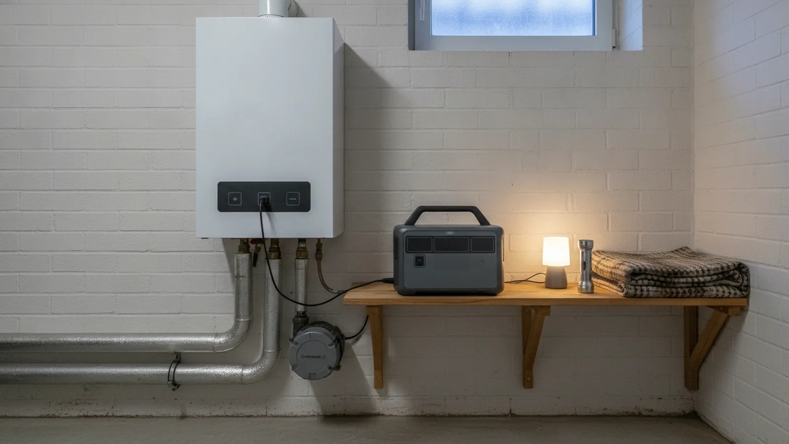 Gas-Brennwerttherme im Keller, deren Stecker an einer Powerstation hängt